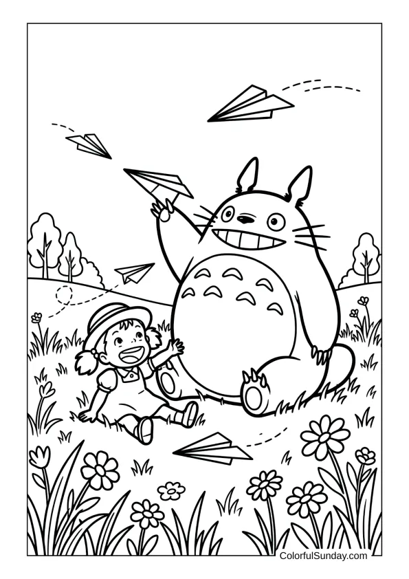 Totoro and Mei sitting in a grassy field throwing paper airplanes together, smiling and laughing on a cheerful coloring page