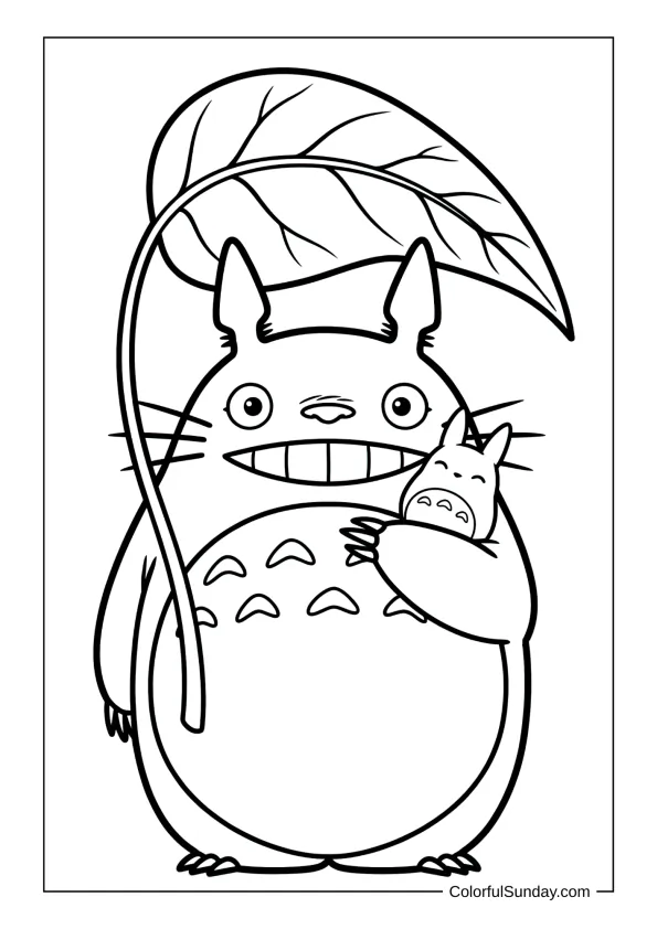 Big Totoro shading a small companion under a leafy canopy in a cute coloring page