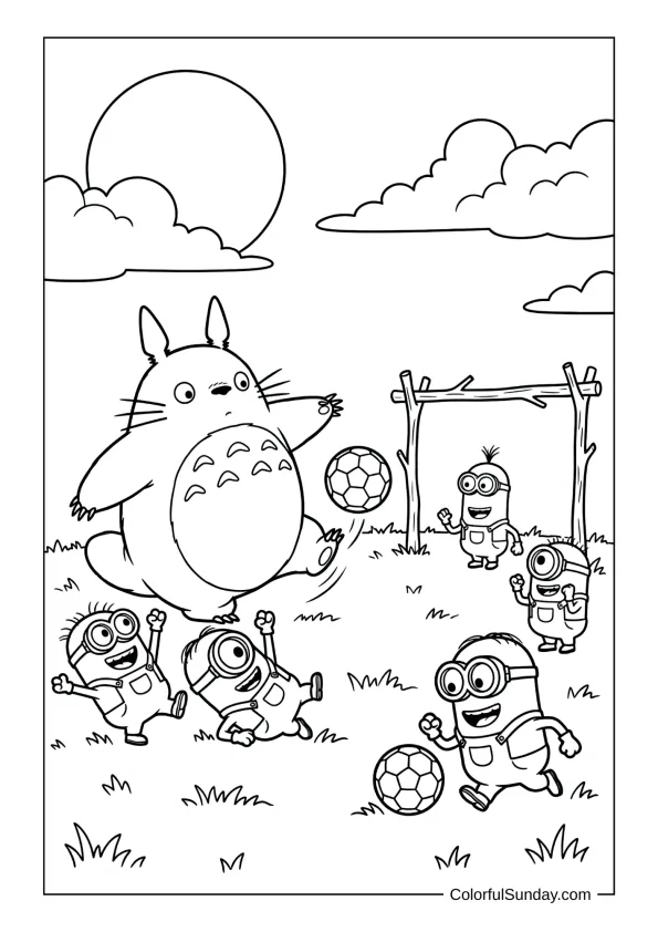 Totoro and Minions playing soccer across a sunny field, cheering and tumbling in this energetic coloring sheet