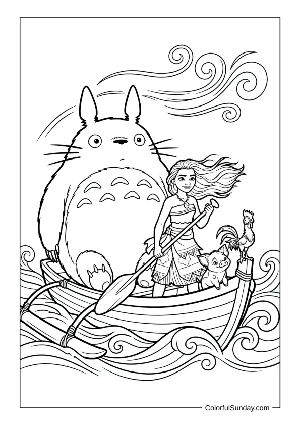 Totoro sailing with Moana, Pua and Hei Hei on rolling waves with wind in their hair on an adventurous coloring page