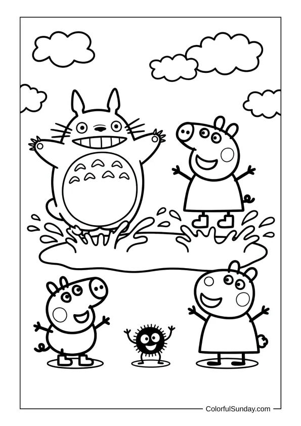 Totoro and Peppa Pig splashing in muddy puddles with laughter and clouds overhead in this playful coloring pic
