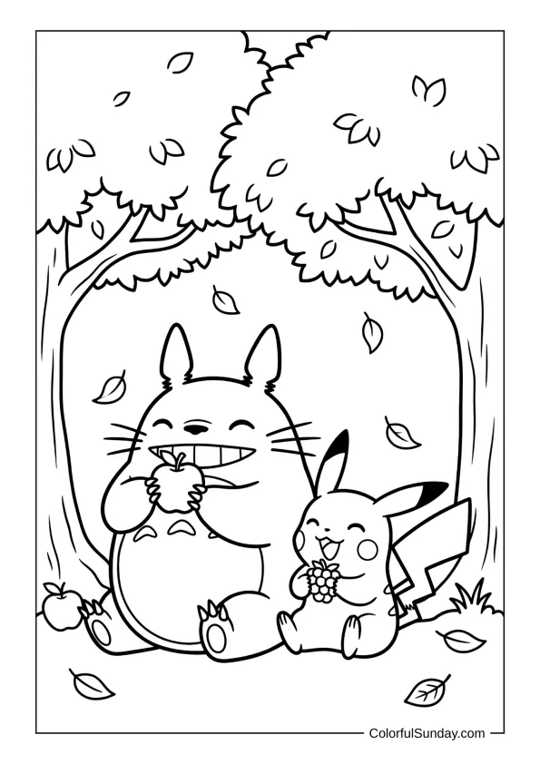 Totoro sharing fruit with Pikachu under forest trees while leaves drift down on a joyful coloring page