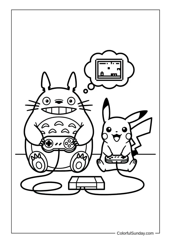 Totoro and Pikachu seated on the floor playing video games with controllers and laughing on a lively coloring page