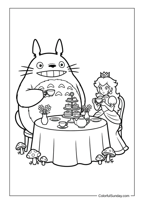 Totoro and Princess Peach enjoying tea with cakes and flowers at a royal table in this charming coloring picture