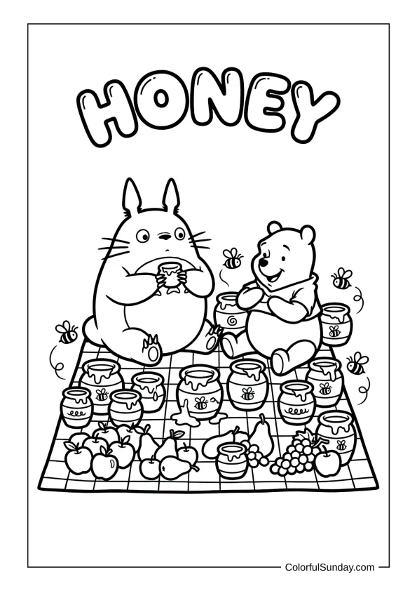 Totoro and Winnie the Pooh enjoying honey and fruit on a picnic blanket with buzzing bees on a cheerful coloring page