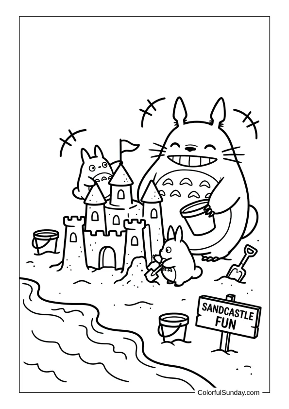 Totoro and his tiny pals creating a sand castle at the beach with gentle waves in this fun coloring page