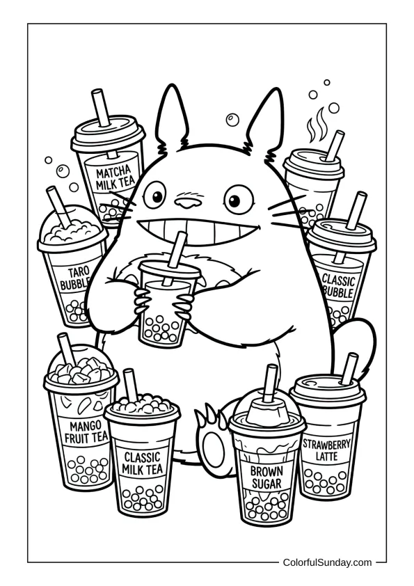 Totoro trying different bubble tea drinks lined up on a table and smiling in this quirky coloring page