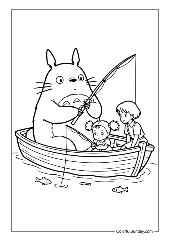 Totoro guiding Mei and Satsuki in a small boat on a gentle river for a calming coloring page