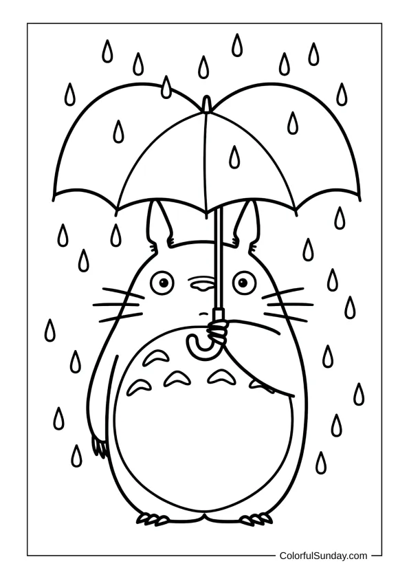 Totoro with heart umbrella in a coloring page
