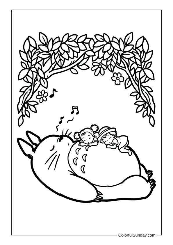 Totoro humming while Satsuki and Mei nap on his tummy beneath the forest canopy on a tranquil coloring page