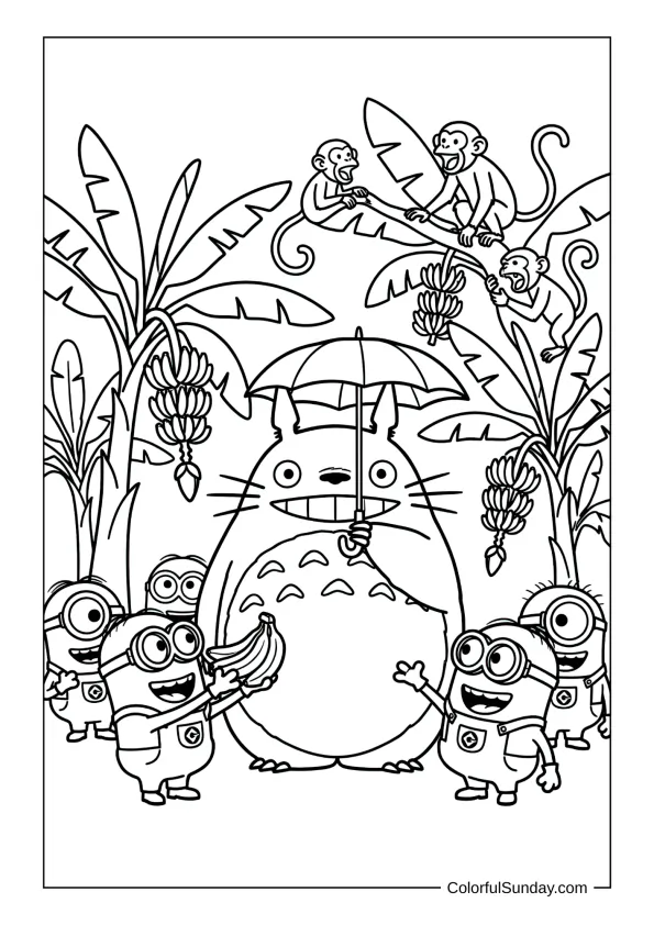 Totoro meeting Minions in a banana orchard as they share fruit and laugh together on a merry coloring page