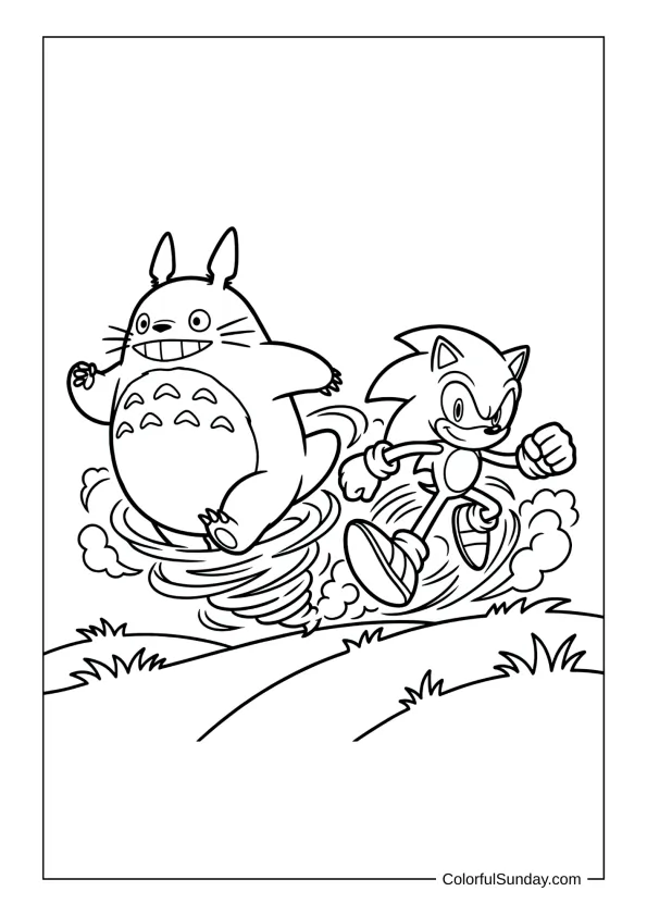 Totoro racing Sonic the Hedgehog across rolling hills in a fast-paced scene on a spirited coloring page