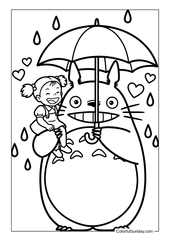 Totoro giving Mei a shoulder ride under an umbrella while raindrops fall around them on an adorable coloring page