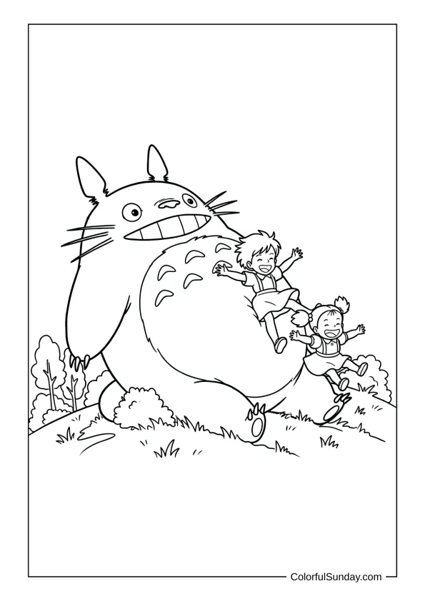Totoro turning into a slide for Satsuki and Mei as they zoom down a grassy hill on a lively coloring pic