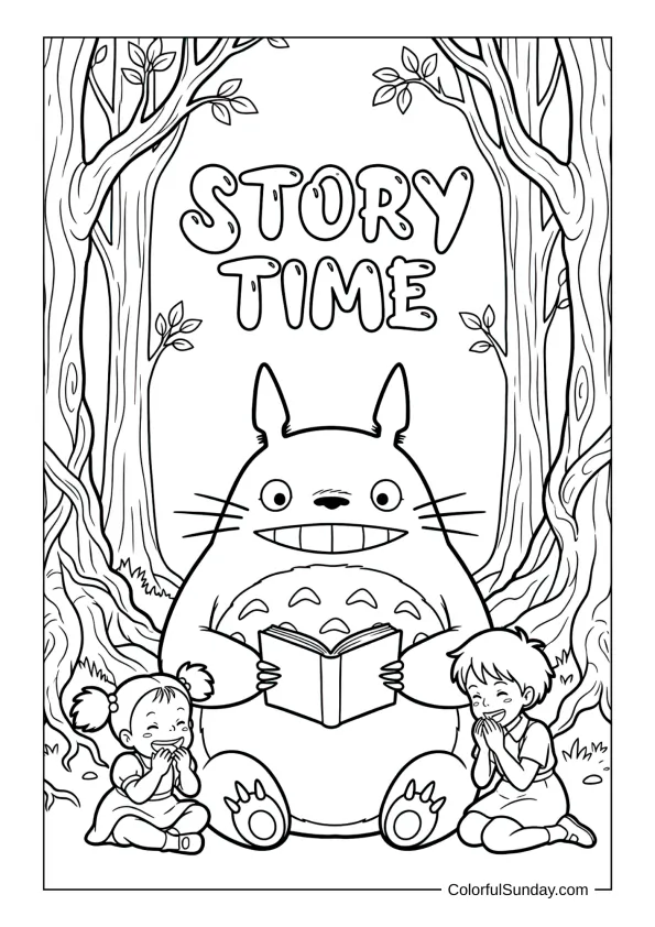 Totoro reading to Mei and Satsuki beneath tall trees and roots on an engaging coloring page