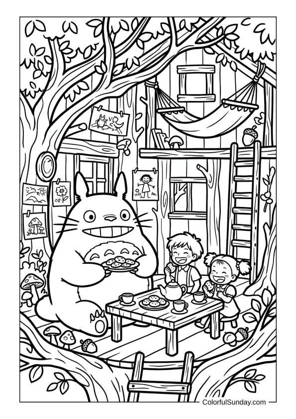 Totoro enjoying snacks with Satsuki and Mei inside a treehouse perched among branches on a friendly coloring page