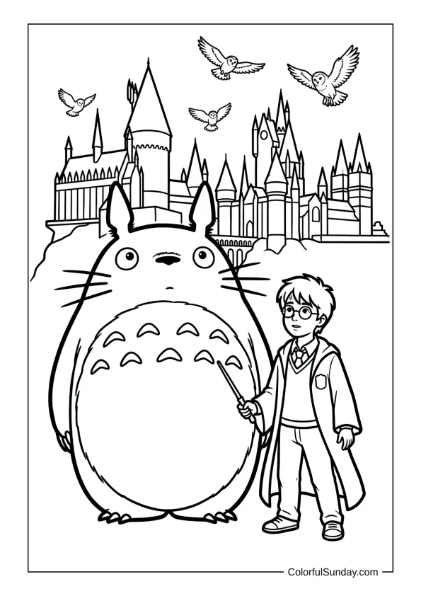 Totoro visiting Hogwarts with Harry Potter, owls soaring above as they hold wands on an enchanting coloring page