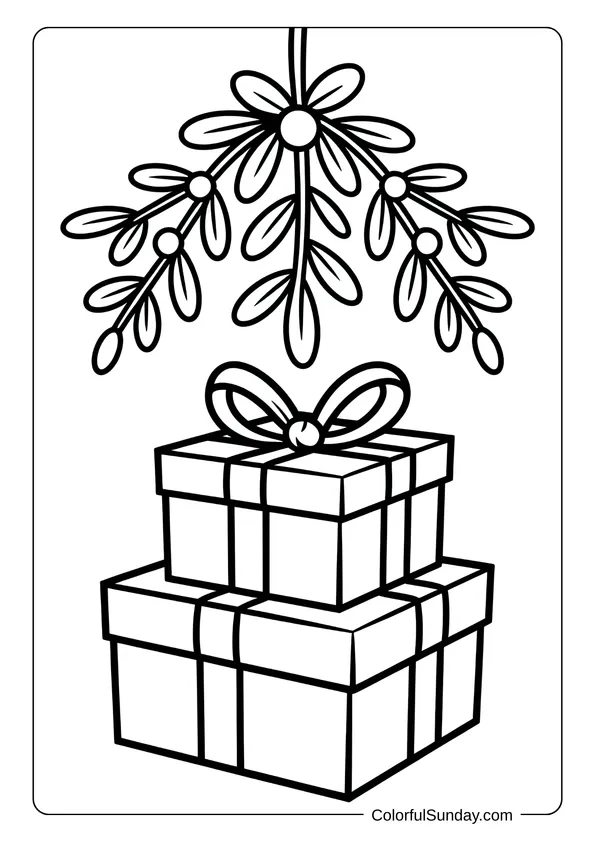 Coloring page showing stacked Christmas presents under mistletoe for a festive scene.