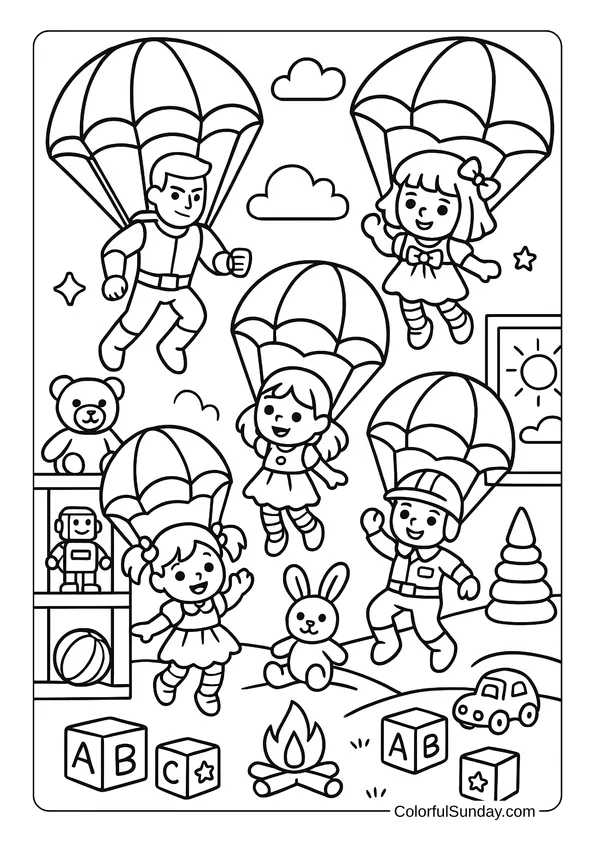 Six kids dressed as superheroes and workers parachute into a toy-filled playroom with blocks and stuffed animals.