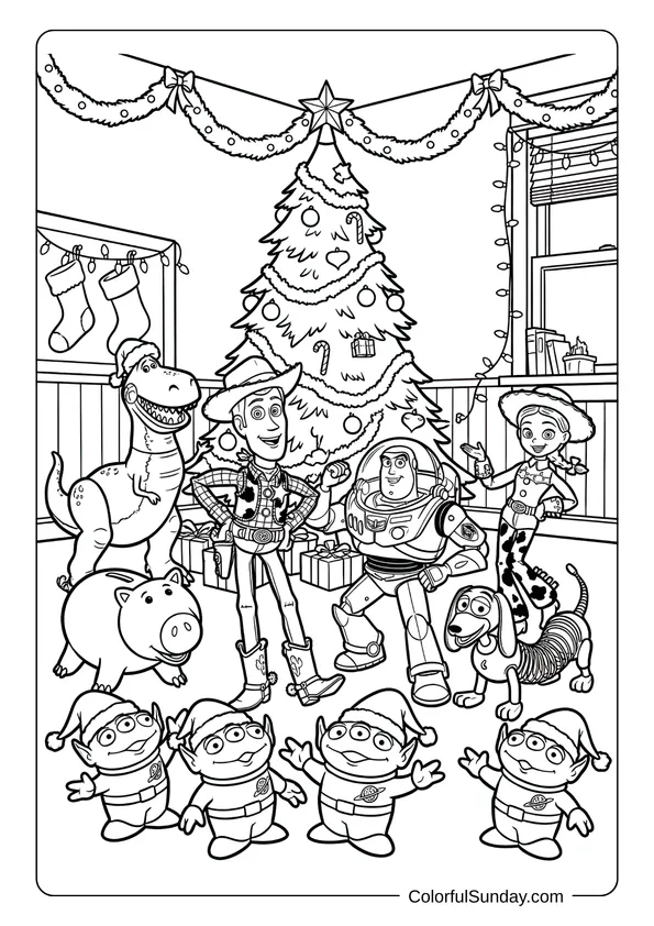 Minions gather around a decorated tree during Disney Christmas in a party coloring page