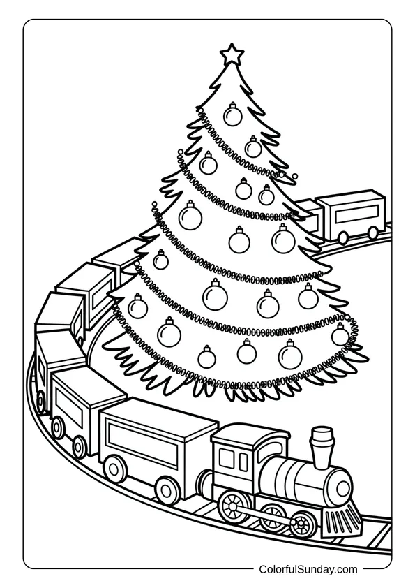 A toy train circling a decorated Christmas tree, in a charming holiday coloring page.