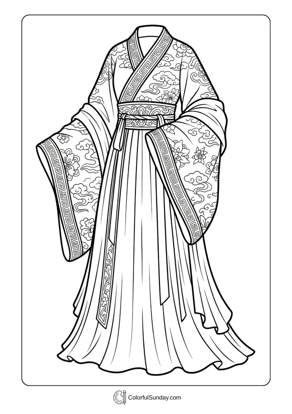 Ornate hanfu dress with patterns for Chinese New Year celebrations coloring picture