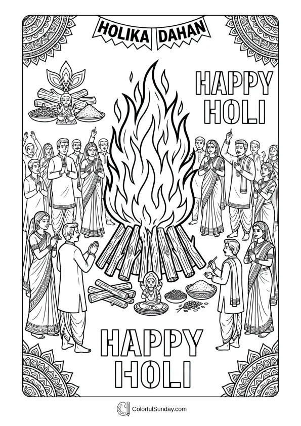 Holika bonfire coloring page with people gathering around flames for traditional Holi ritual celebration