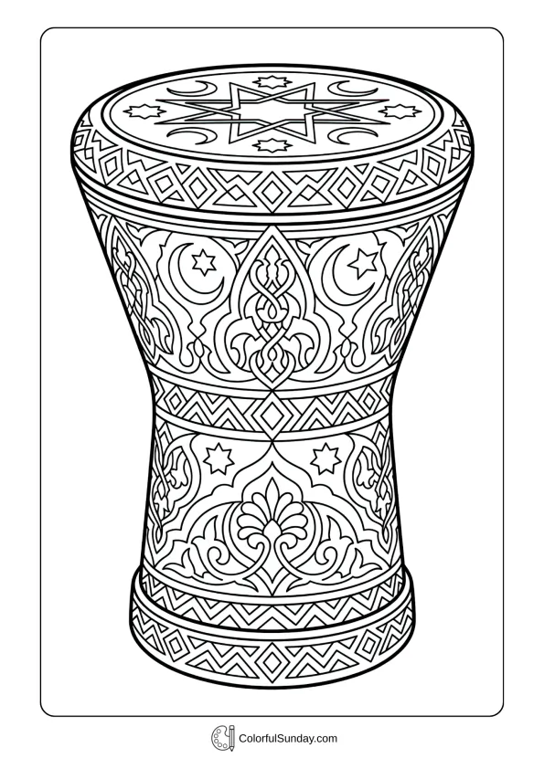 Decorated traditional drum with patterns for Ramadan suhoor coloring page