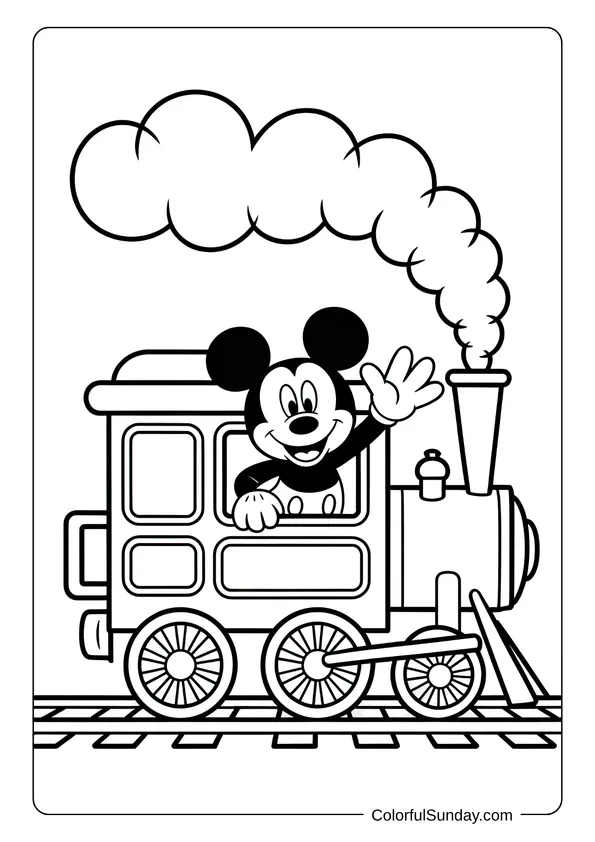 Pikachu From Pokemon Coloring Page Mickey Mouse waves happily from the window of a train engine with smoke puffing out in this coloring page.