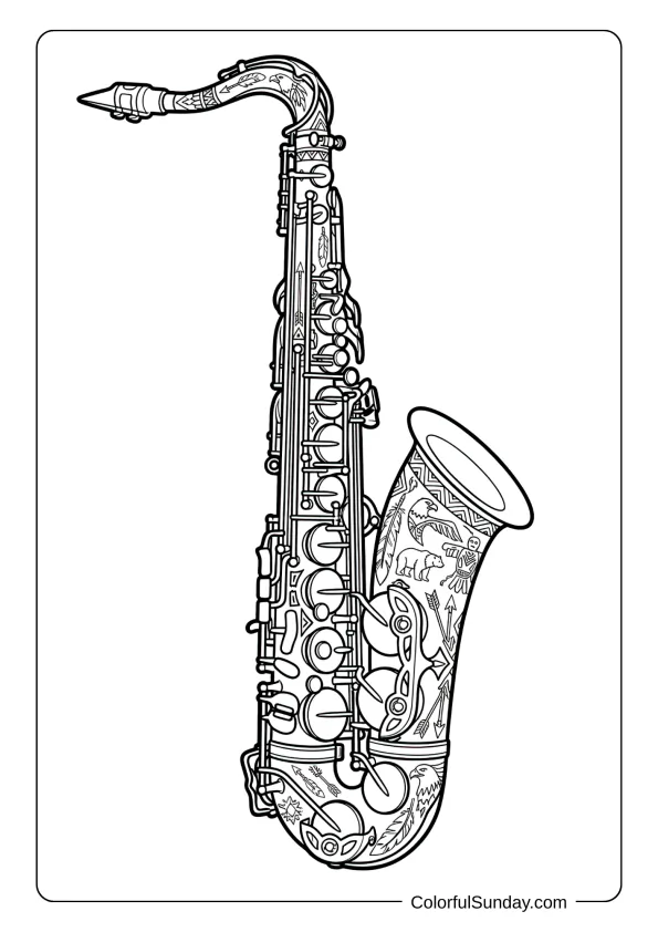 A saxophone coloring page with Native American-inspired tribal patterns covering the instrument artistically coloring page.