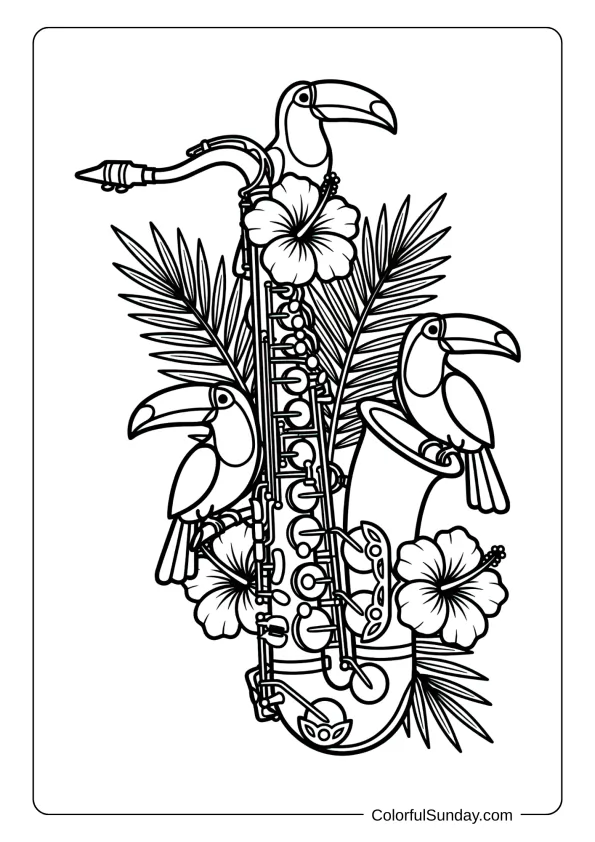 A saxophone coloring page with tropical theme including palm leaves, hibiscus flowers, and toucan decorations coloring page.