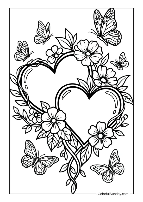 Two hearts with flowers in a coloring page