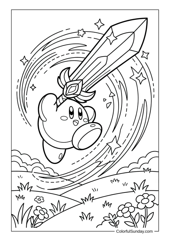 Kirby unleashes a huge slash with the Ultra Sword sending energy waves across the meadow in this coloring page
