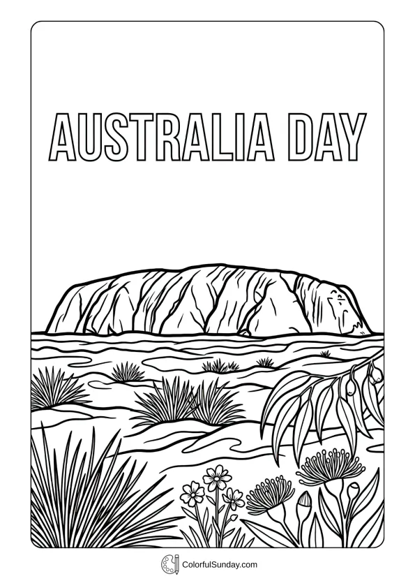 Majestic Uluru rock formation with native plants in a coloring page for Australia Day