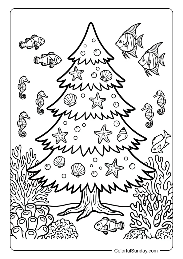 A magical Christmas tree beneath the ocean surrounded by fish, seahorses, and coral coloring page