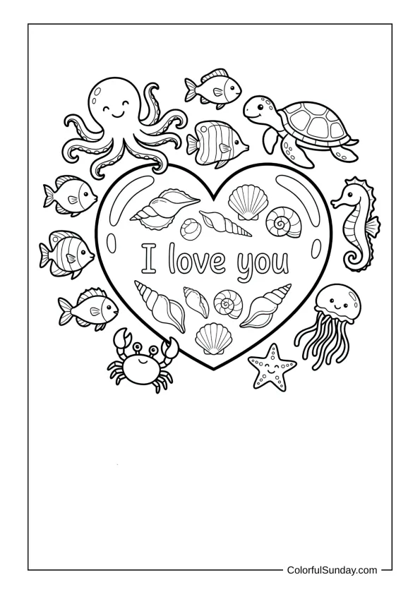 Fish and seahorse admire a heart bubble with I love you inside in an underwater coloring page.