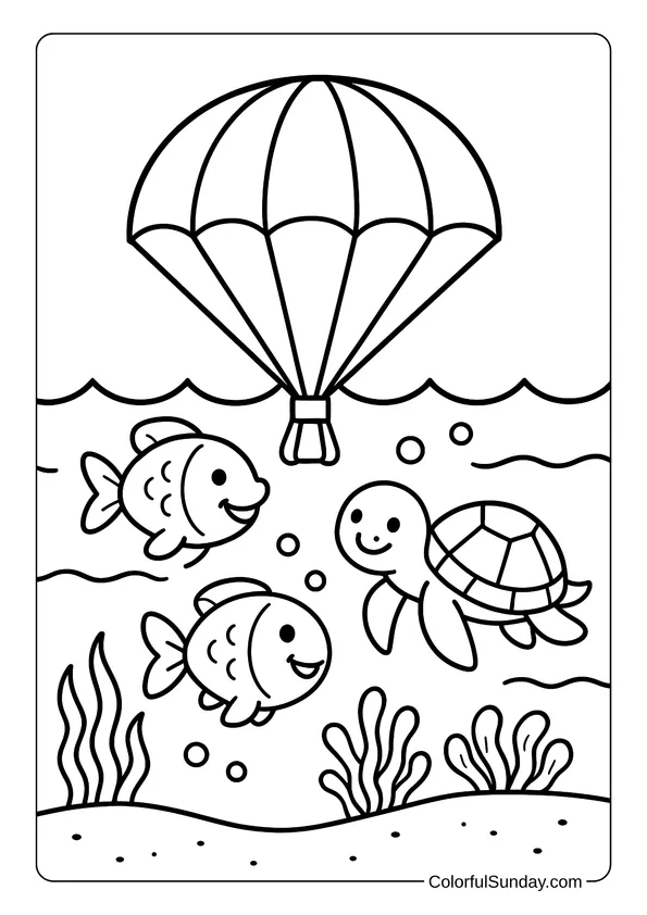 A parachute drops a bundle into the sea where happy fish and a turtle swim in this underwater coloring page.