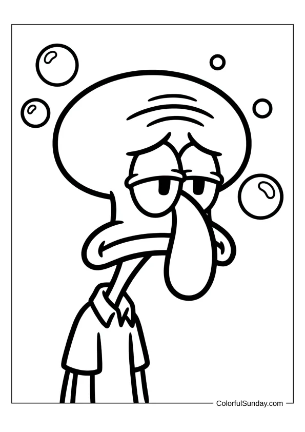 Unhappy Squidward with a big frown looking sad in a SpongeBob coloring page