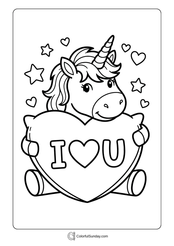 A coloring page of a unicorn hugging a heart pillow labeled 'I ♥ U' for Valentine's Day.