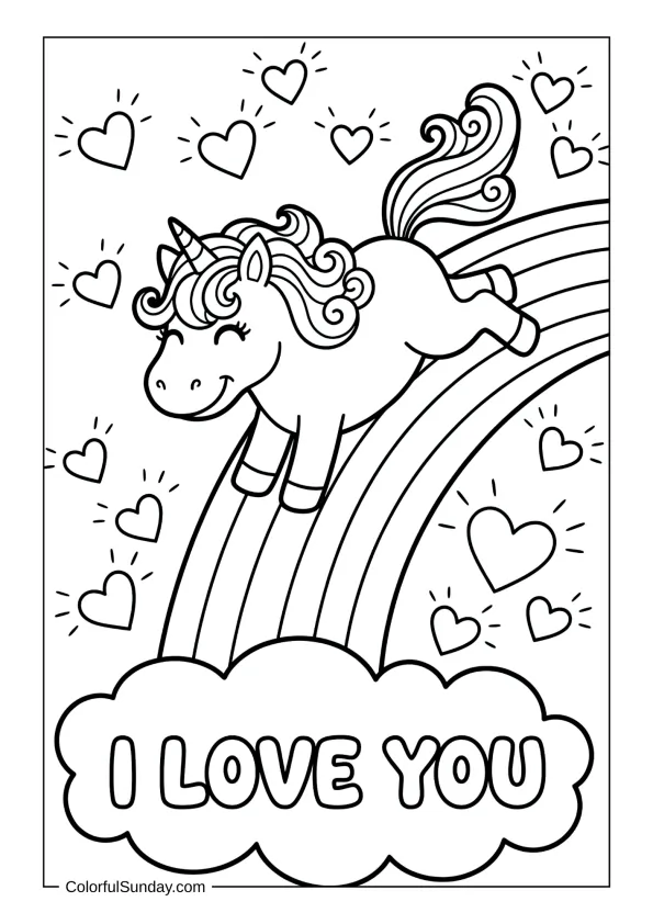 Unicorn sliding on a rainbow leaving hearts with I love you message in a coloring page.
