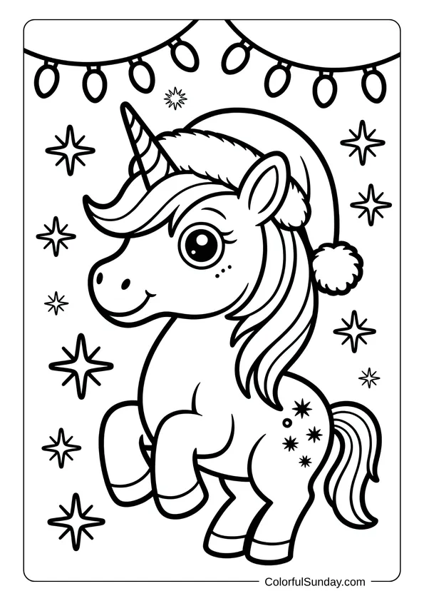A cute unicorn wearing a Santa hat surrounded by Christmas lights and stars in a magical coloring page.