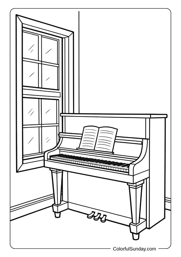 Pokemon Badges And Logo Coloring Page An upright home piano by the window with sheet music, illustrated as a coloring page.