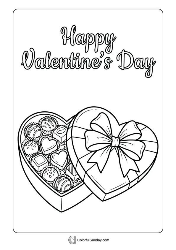 A coloring page featuring a heart-shaped box of chocolates with 'Happy Valentine's Day' written above it.