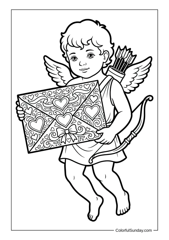 Adorable Cupid with decorative valentine envelope in a sweet coloring page.
