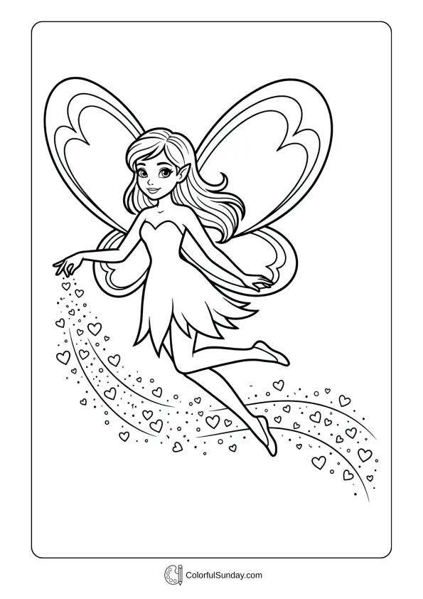 A fairy with heart-shaped wings sprinkling magical hearts on a Valentine's Day coloring page.