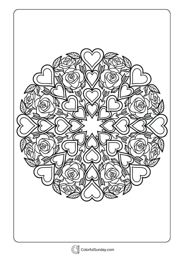 An intricate mandala filled with heart shapes, flowers, and cupid arrows for a Valentine's Day coloring page.