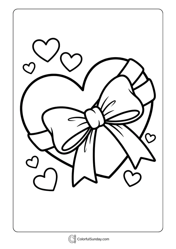 A coloring page with a large heart decorated with a bow for Valentine's Day.