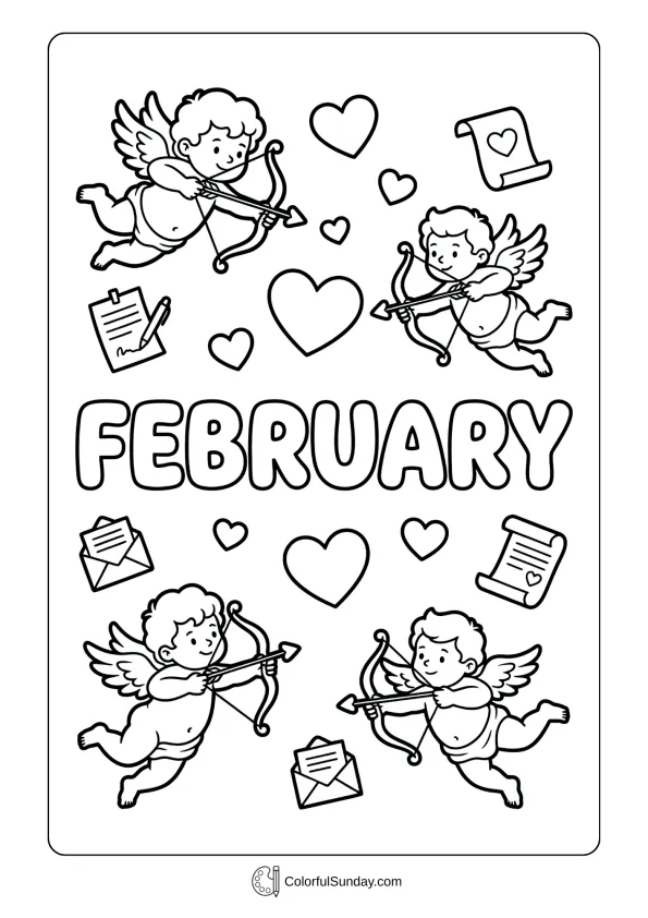 A coloring page of floating hearts and cupids celebrating February romance with arrows and love notes coloring page