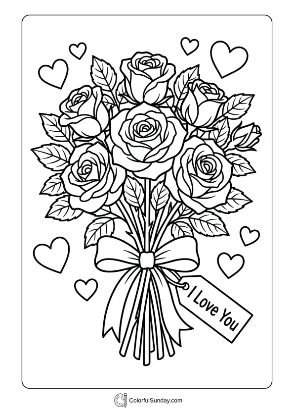 A bouquet of roses with an 'I Love You' tag, drawn as a Valentine's Day coloring page.