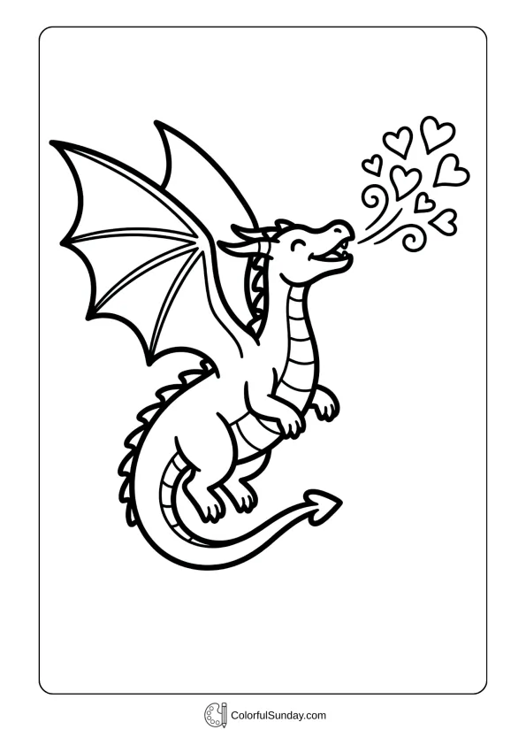 Friendly dragon breathing hearts for Valentine's Day kindness in this coloring page